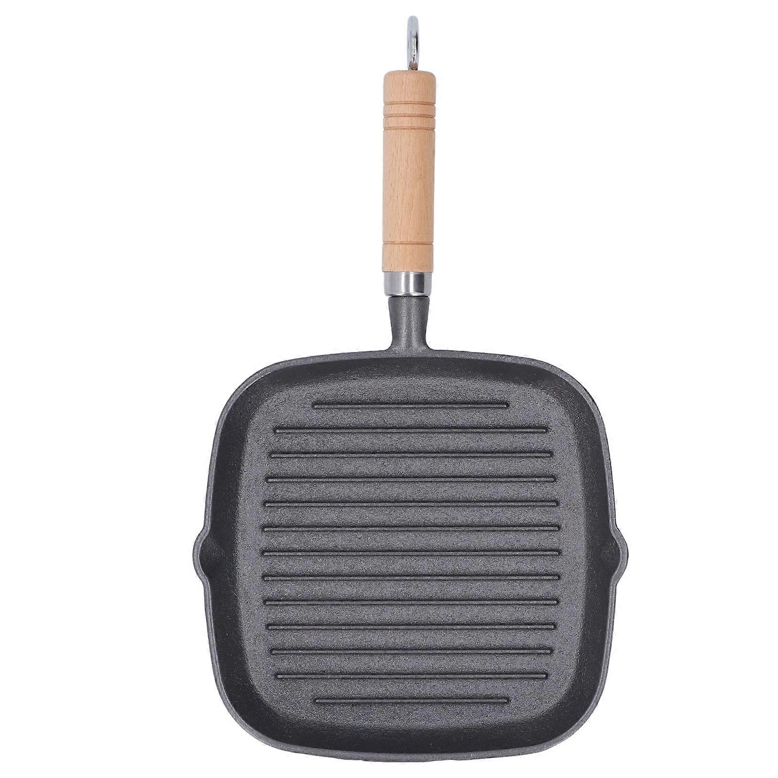Grill Pan Multipurpose Prevents Stick Quadrate Cast Iron Steak Pan with Wooden Handle for Bacon Steak Onion