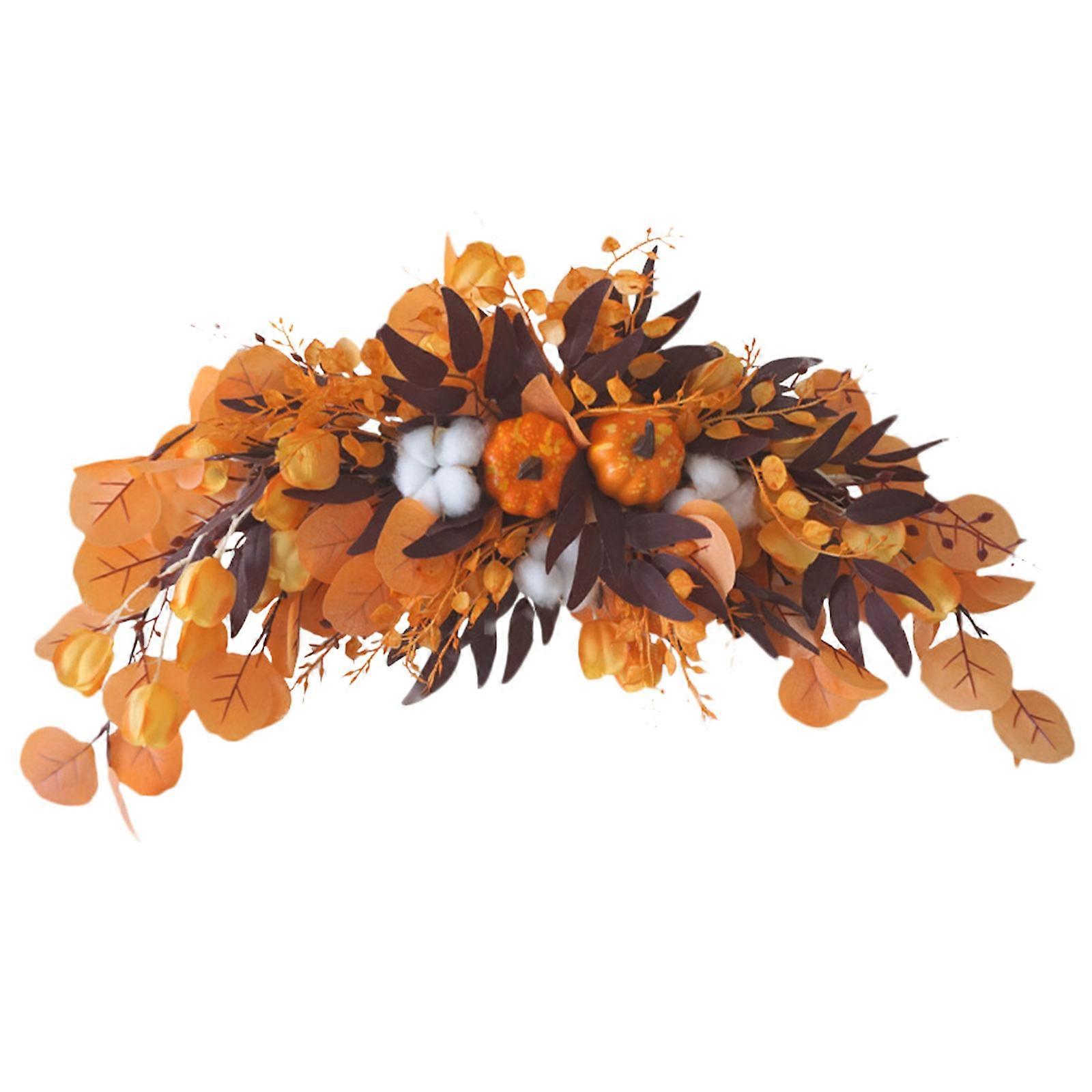 Swag del raccolto autunnale, grande swag decorativo autunnale con foglie di eucalipto, zucche e batuffoli di cotone, ghirlanda floreale del ringraziamento per Windo della porta di casa