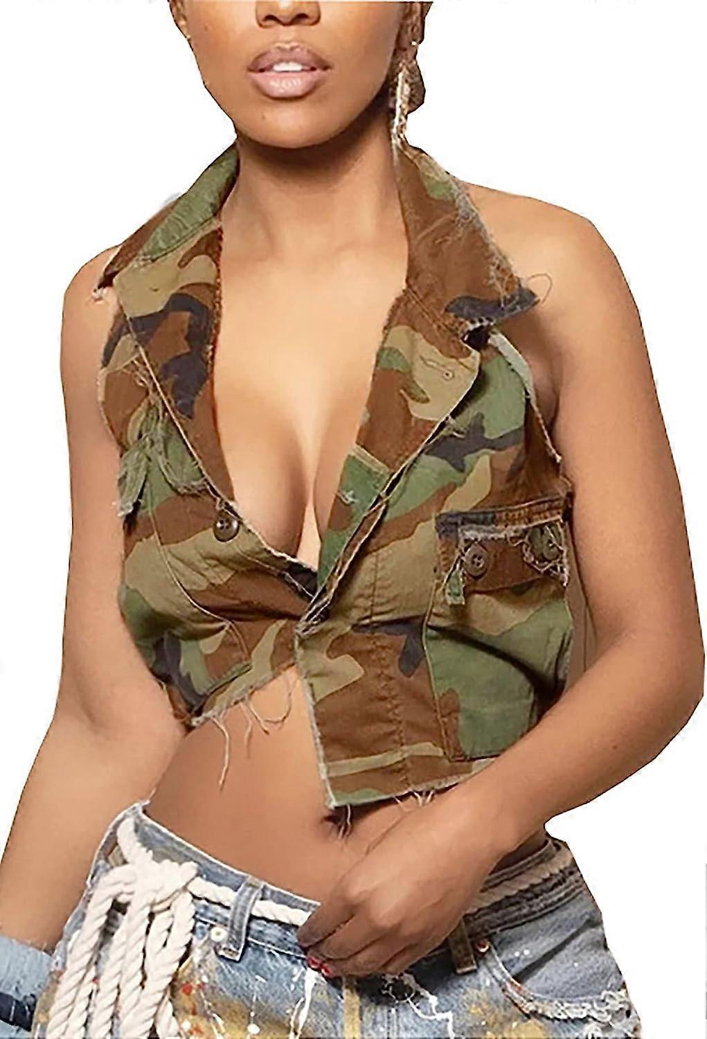 Women's Camo Tank Tops Cropped Sleeveless Button Down Army Fatigue Camouflage Shirt Jacket with Pocket
