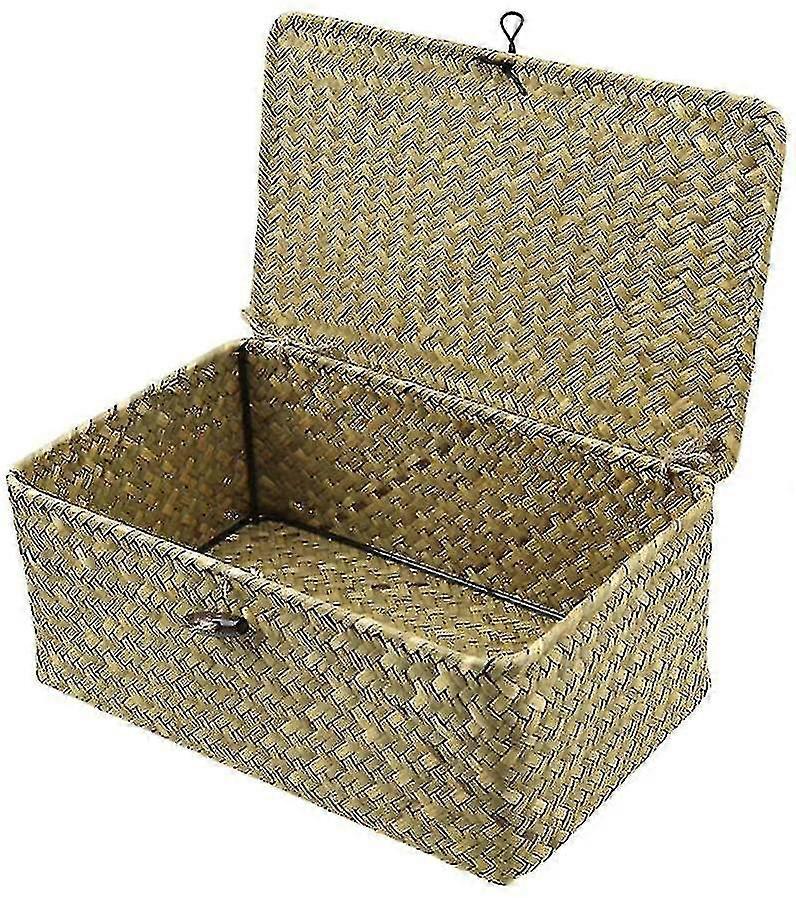Woven Basket Rattan Storage Basket Makeup Organizer Multipurpose Container With Lid Size L