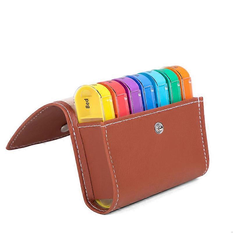 Brown7 Day Pill Box 28 Compartments Pill Box with Leather Case Pill Box Portable Pill Box Travel Medicines Storage 4 Compartments Daily Box
