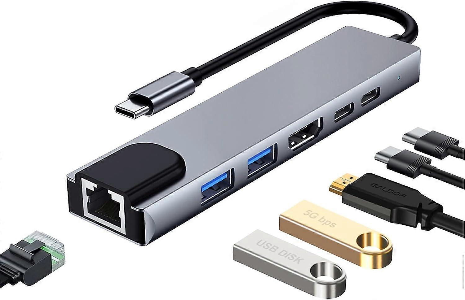 USB C Docking Station, 6-in-1 USB C Hub, w/Ethernet Port, HDMI 4K, USB A 3.0 Data 5Gbps, USB A 2.0, USB C, 60W PD