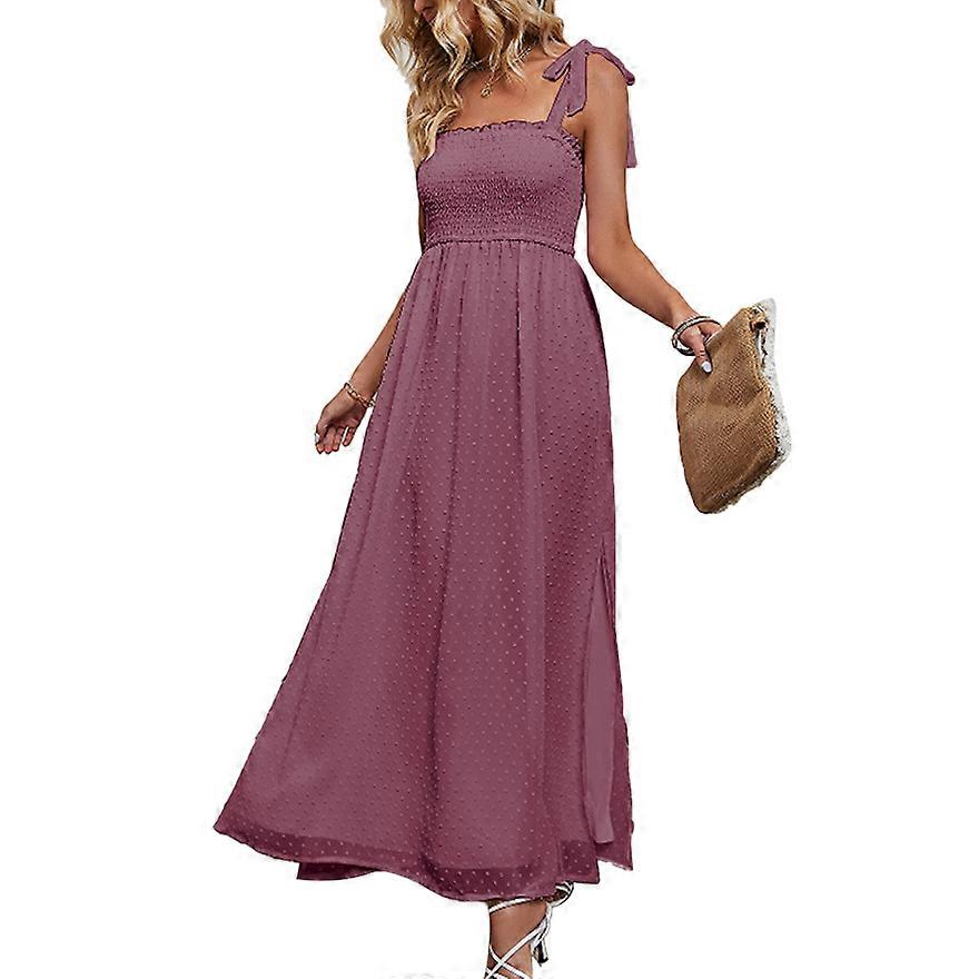 Dot Smocked Lång Sol Klänning Ren färg Rosett Axelrem Fyrkantig hals Side Split Maxi Klänning för Födelsedag