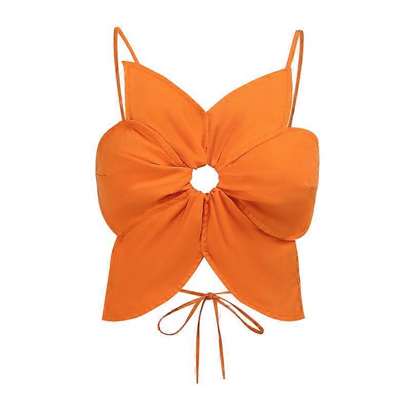 2022 summer new pure color flowers hollow out lace up navel open back suspender top