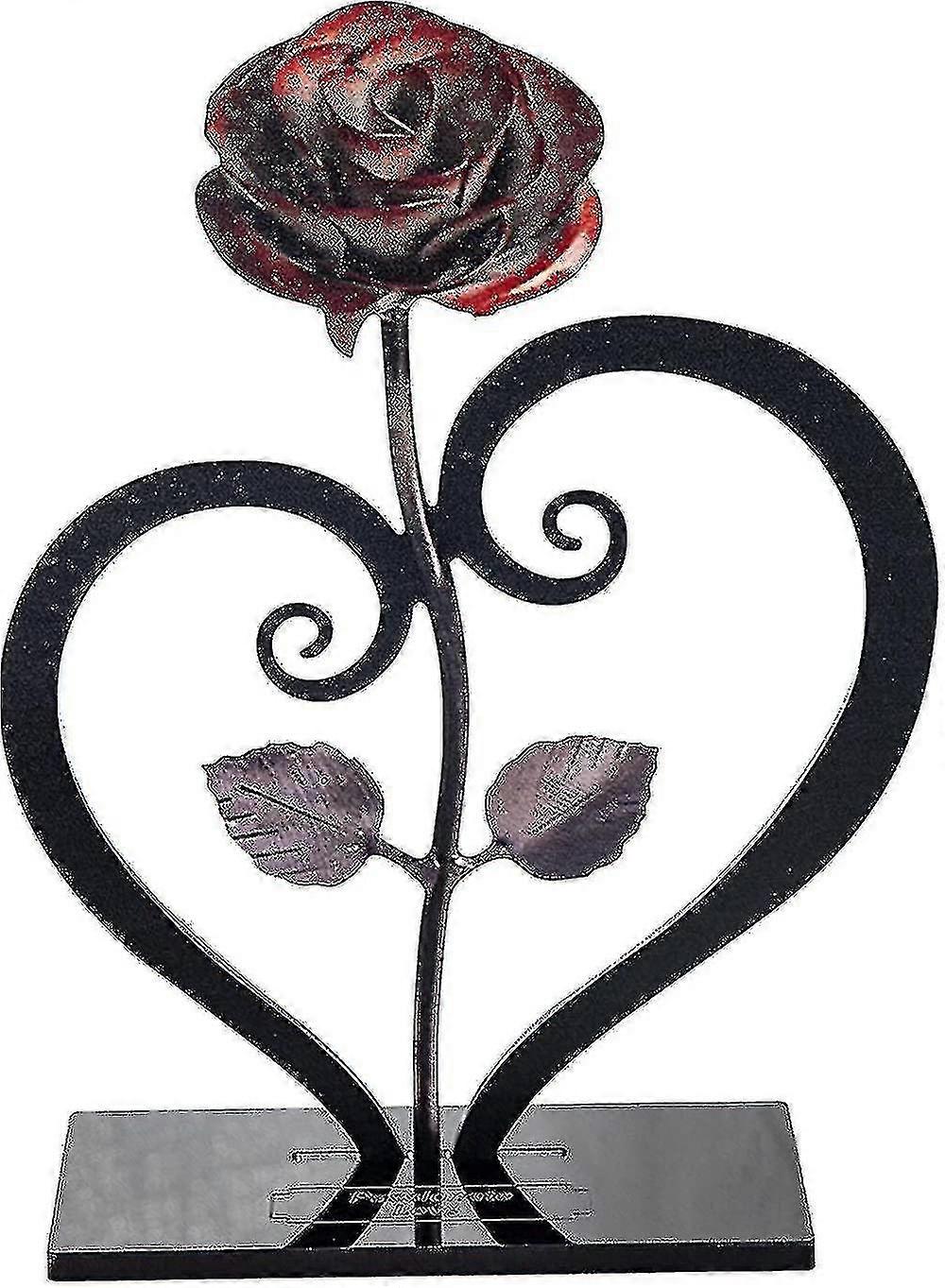 هدية حديد مطاوع مزورة يدويا وردة معدنية حمراء مع قلب - حامل على شكل - حديد (أحمر) - 20x16x12.5cm