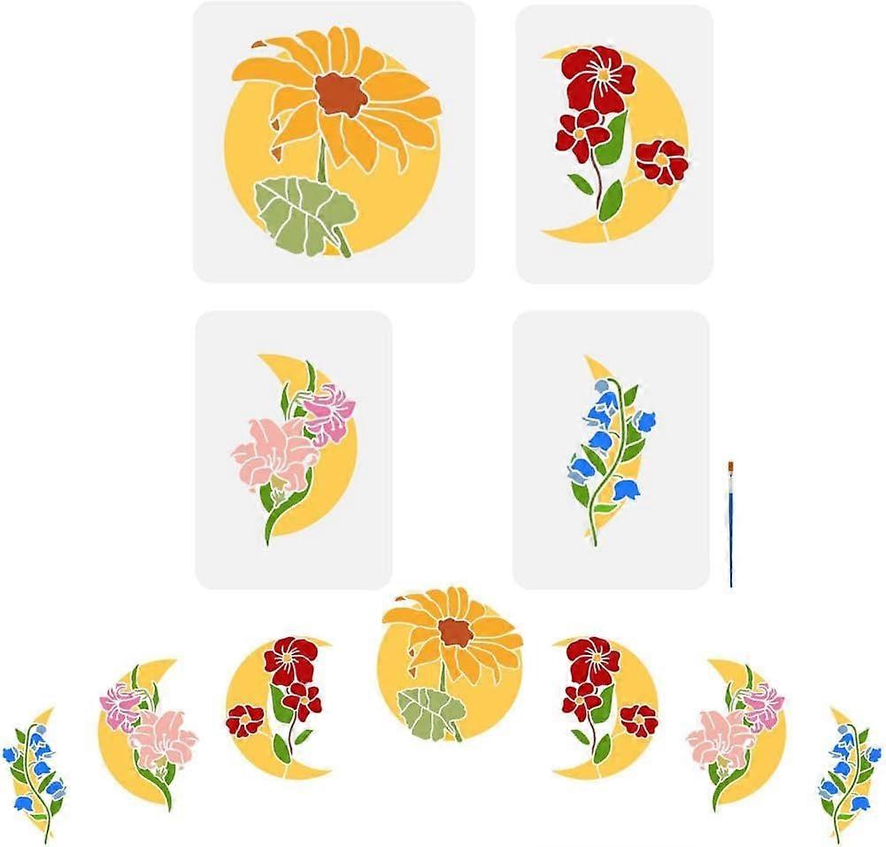 4 Pcs Flower Moon Phase Stencil with a Art Paint Brush 2 Size Reusable Moon with Floral Drawing Template Moon Phase Home Decoration Stencil for Painti