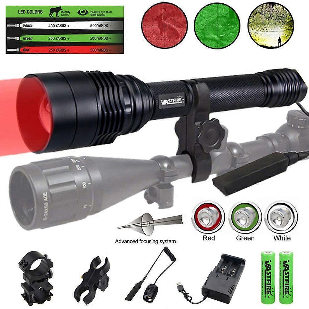 3 in 1 Green/Red/White Colors Hunting Flashlight 1 Mode Tactical Torch 18650 Battery Powered Torch with 20mm Rail Scope Mount