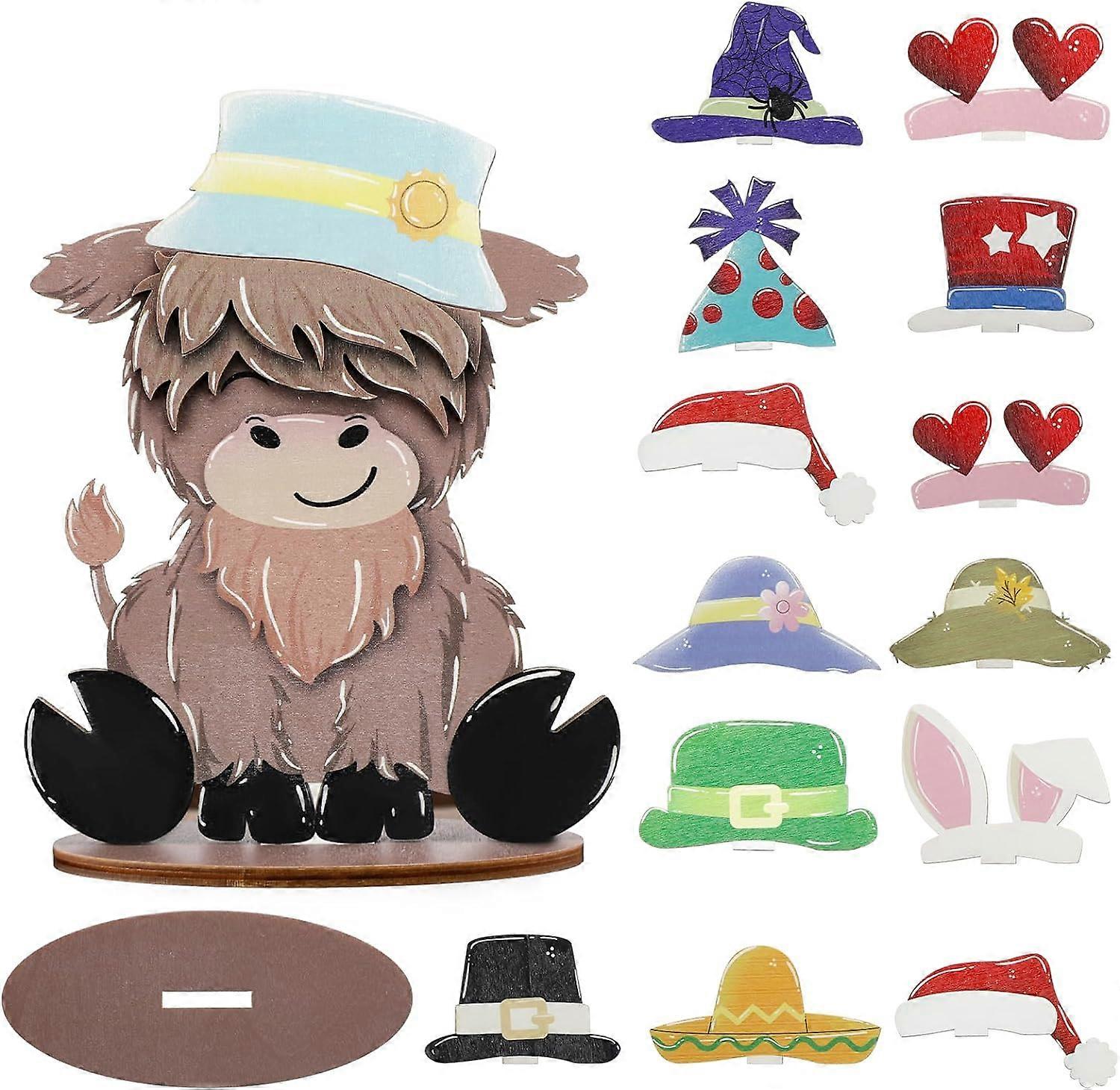 Highlands Cow Farmhouse Tiered Tray Decor Set with Interchangeable Hats,Farm House Decor Cow Party Decorations Interchangeable Seasonal Wood Sign for