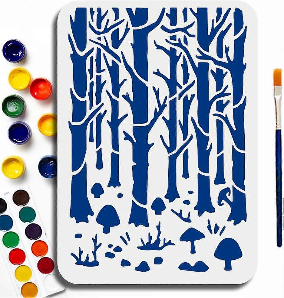 A4 Size Forest Mushroom Stencil 11.7x8.3inch Reusable Mushroom Tree Stencil Toxicoderma Grass Stencil PET Hollow Out Drawing Template for Wall Home De