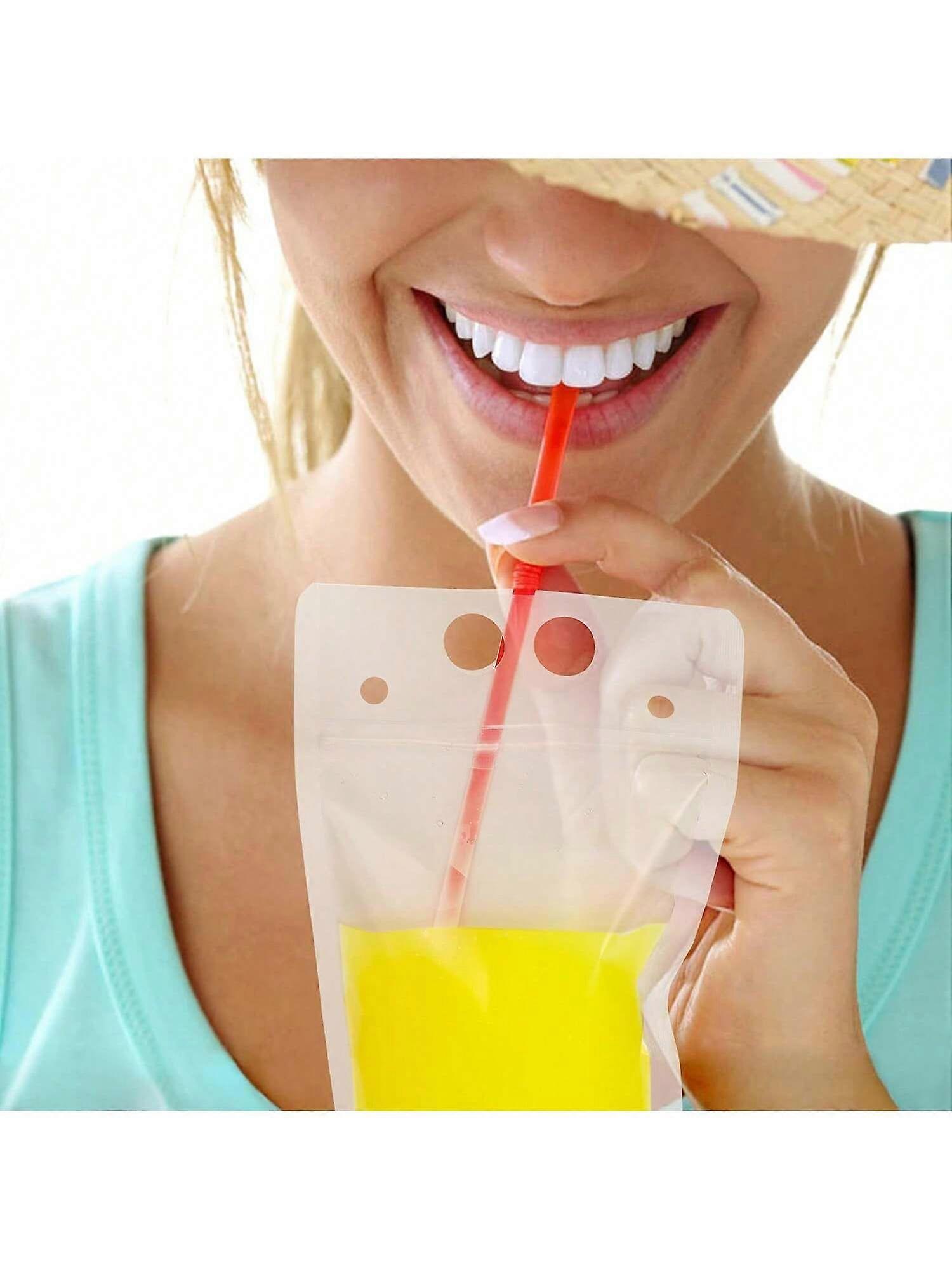 50pcs Zipper Plastic Bags With Drink Pouches & Straws, Semi-Transparent Sealable Stand-Up Pouches, For Gift & Beverage Packaging, Party Supplies,Chris