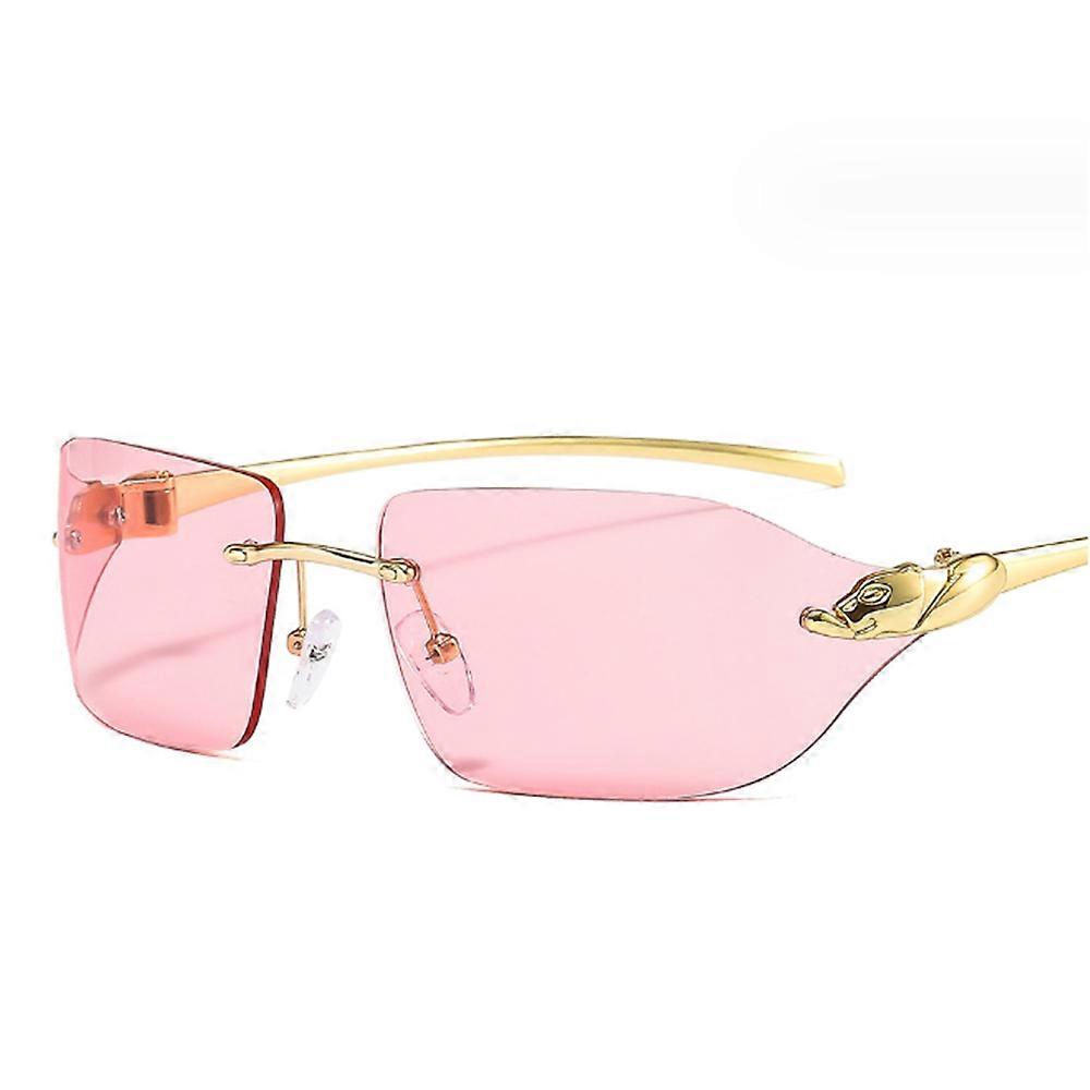 Women's frameless sunglasses with tinted rectangular lenses, metal frame, diamond cut