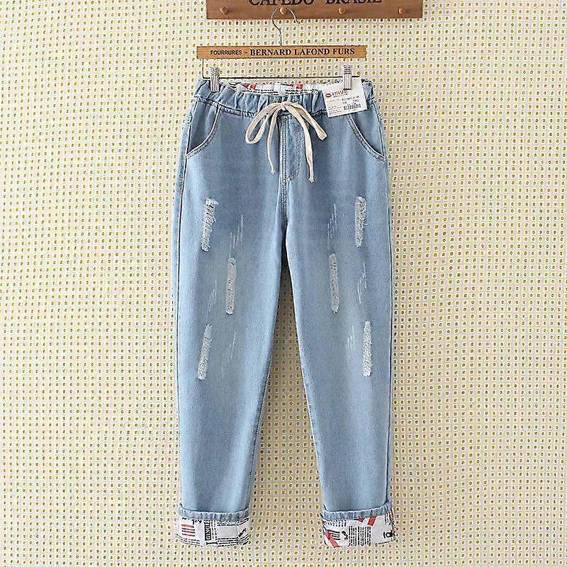 Women Spring and Autumn Large Size High Waist Casual Trousers Loose Hole Jeans Denim Cropped Pants Women's Denim Carrot Pants