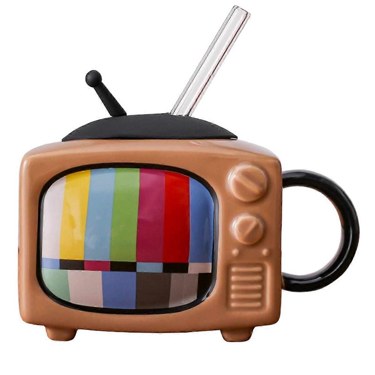 Ceramic Square Coffee Cup Set with Straw and Lid Office Tea Cup Retro TV - Chocolate