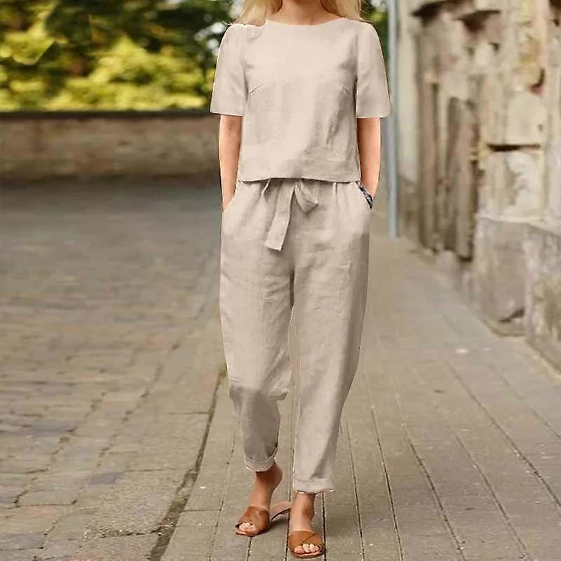 Women's Cotton Linen Summer Set Half Sleeve O-Neck Oversized Strap Wide Leg Pants Retro Set Home Clothes