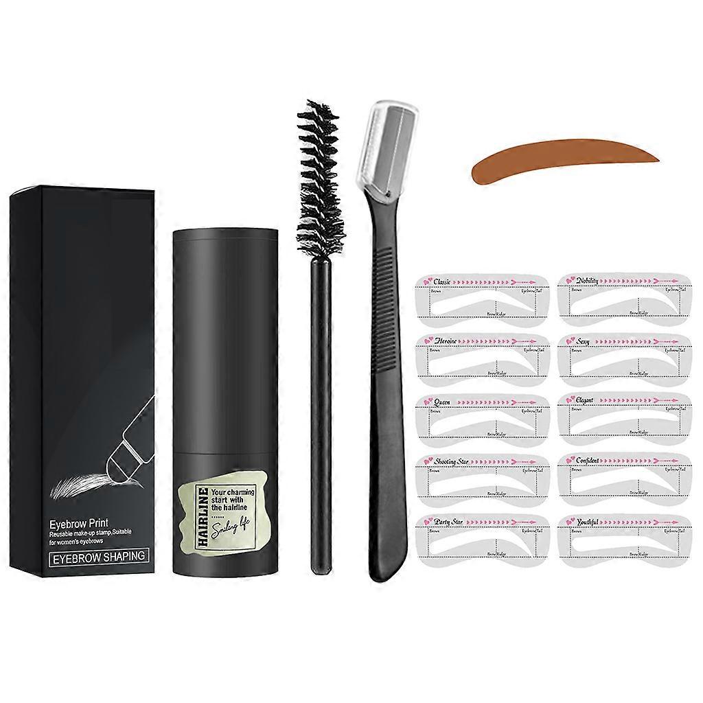 Eyebrow Powder Stamp Long Lasting Instantly Color Tint with 10 Styles Stencil 1 Eyebrow Pen Brushes 1 Eyebrow Trimmer Medium brown