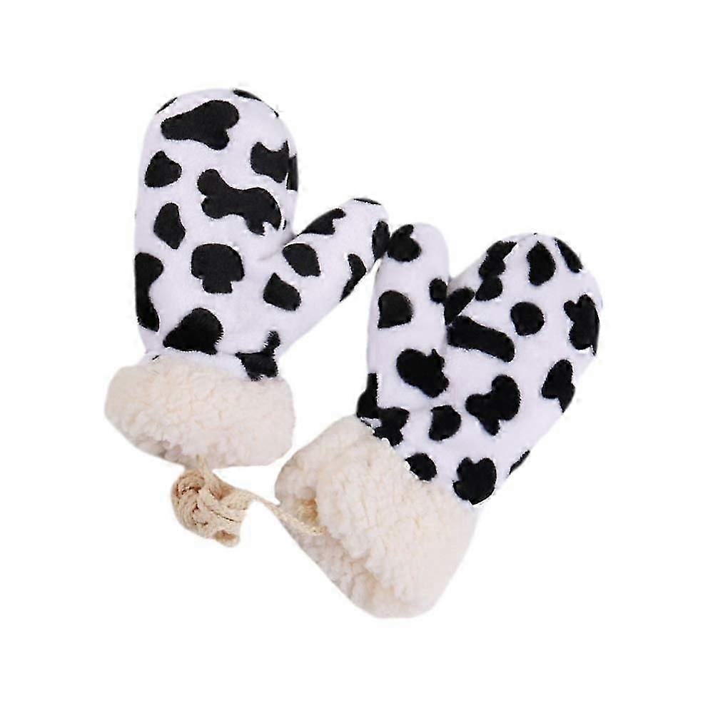 Cow Print Thickened Mittens Winter Warm Gloves Plush Mittens Annimal Cows Gloves Hanging Neck Gloves