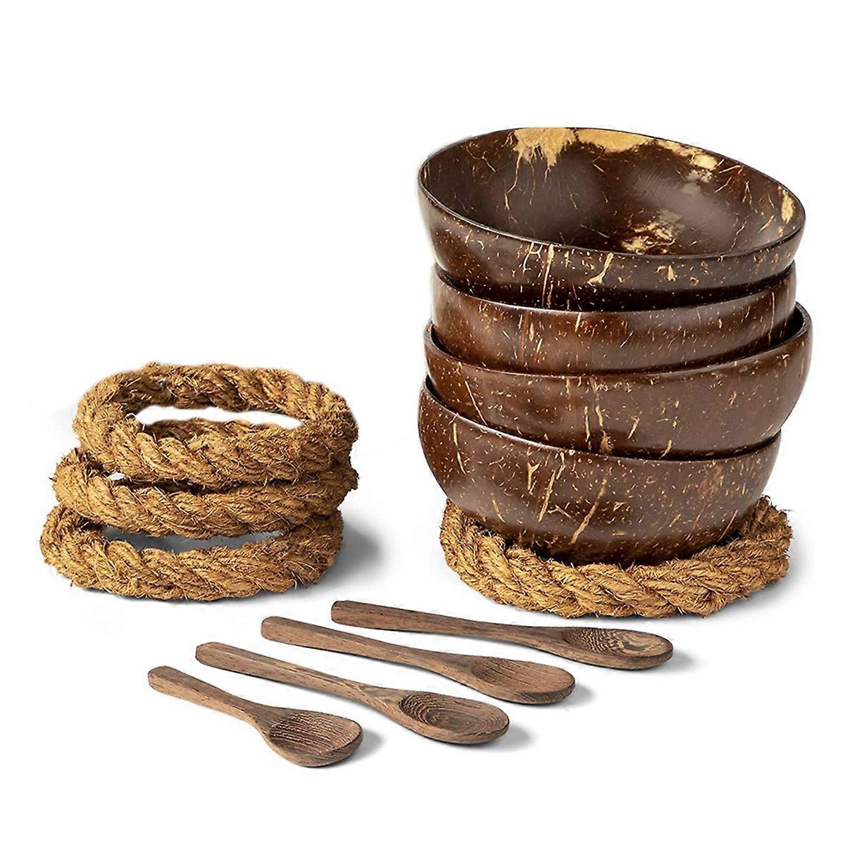 Set of 4 Coconut Shell Bowls + Wooden Spoons & Holders for Salad