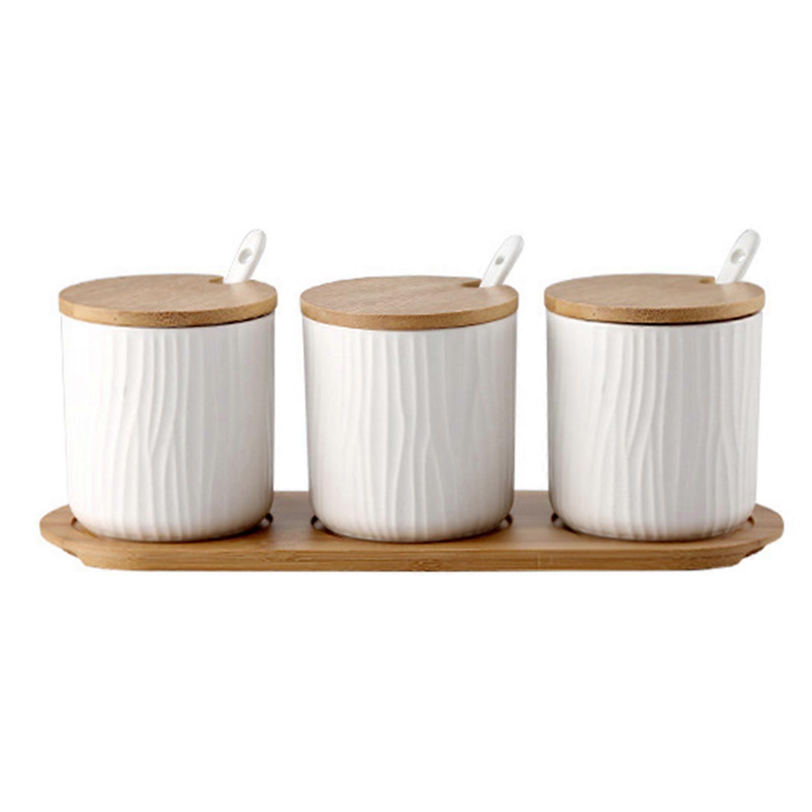 Porcelain Condiment Jar Spice Container with Lid Ceramic Serving Spoon Salt Shaker Sugar Bottle Organizer Home Counter Kitchen Supplies  White