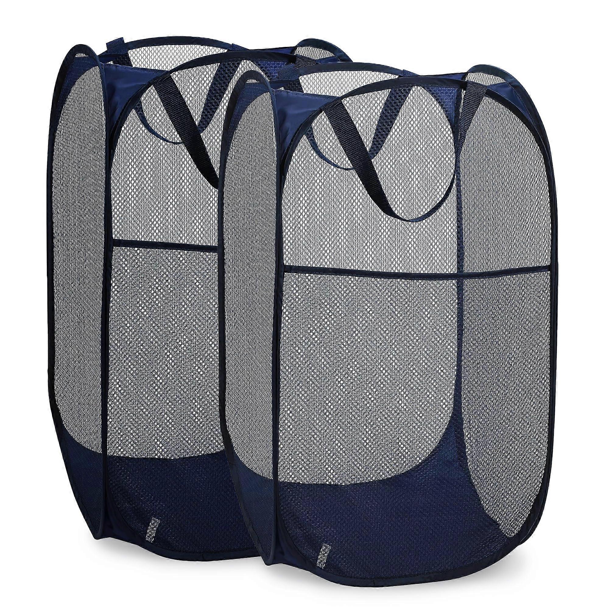 Handy Laundry Collapsible Mesh Pop Up Hamper, Blue 2-Pack - Breathable, Foldable, Sturdy, Space-Saving Design with Side Pocket