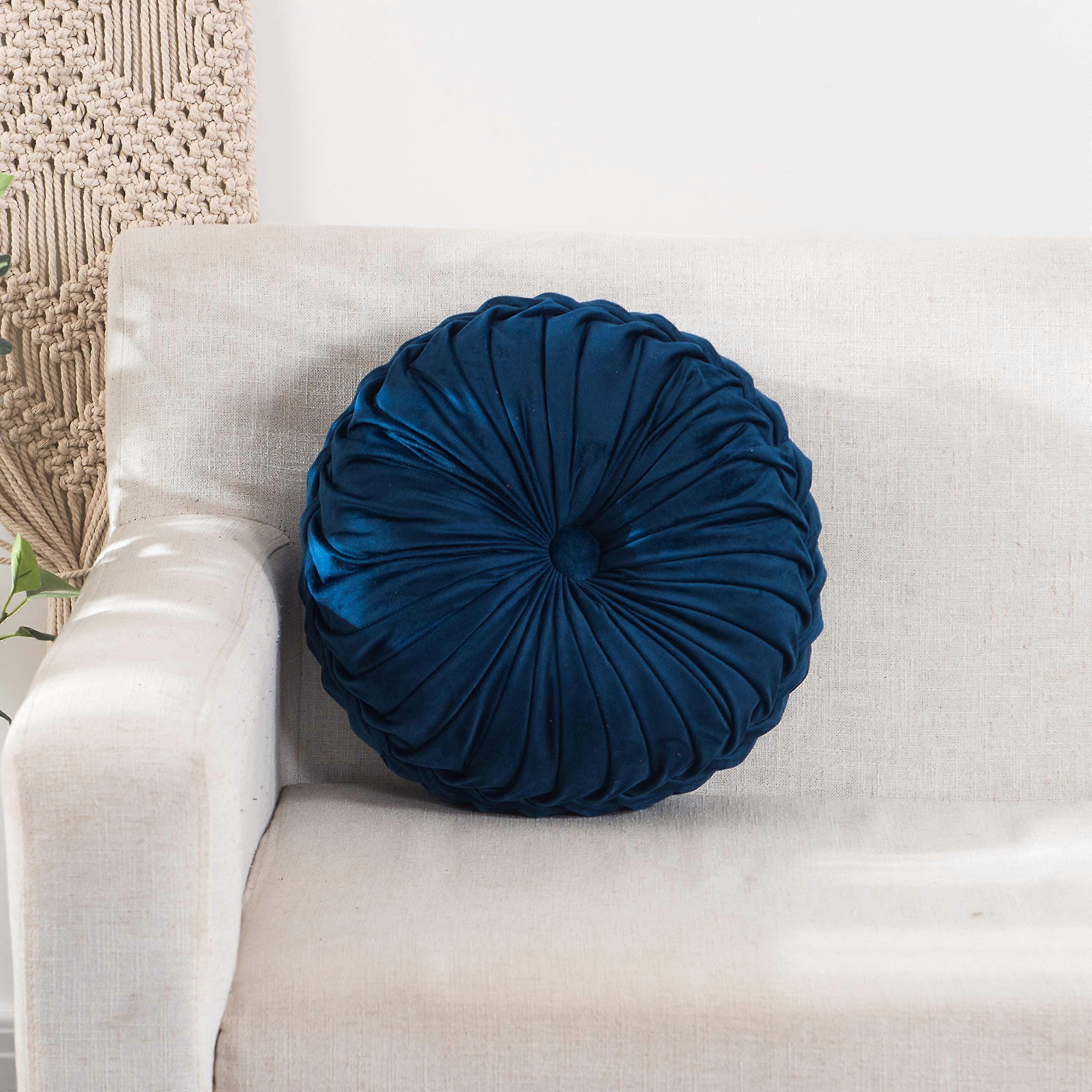 Round Throw Pillow Cushion Velvet Pleated Pillow Filled European Solid Color Pumpkin Plush Floor Pillow (throw pillow, blue)