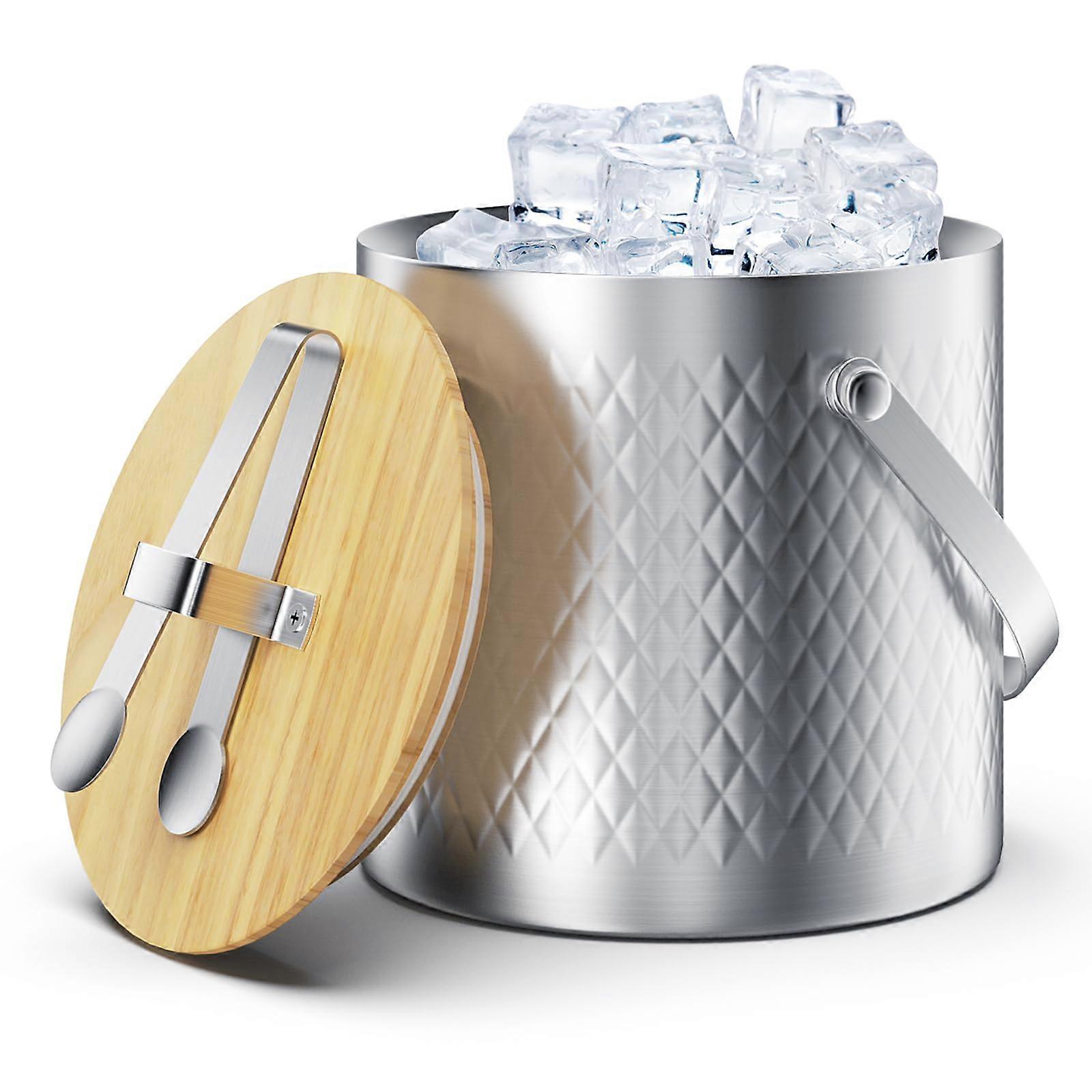 Ice Bucket With Lid 3L Capacity Ized Stainless Steel Double-Walled Rubber Gasket