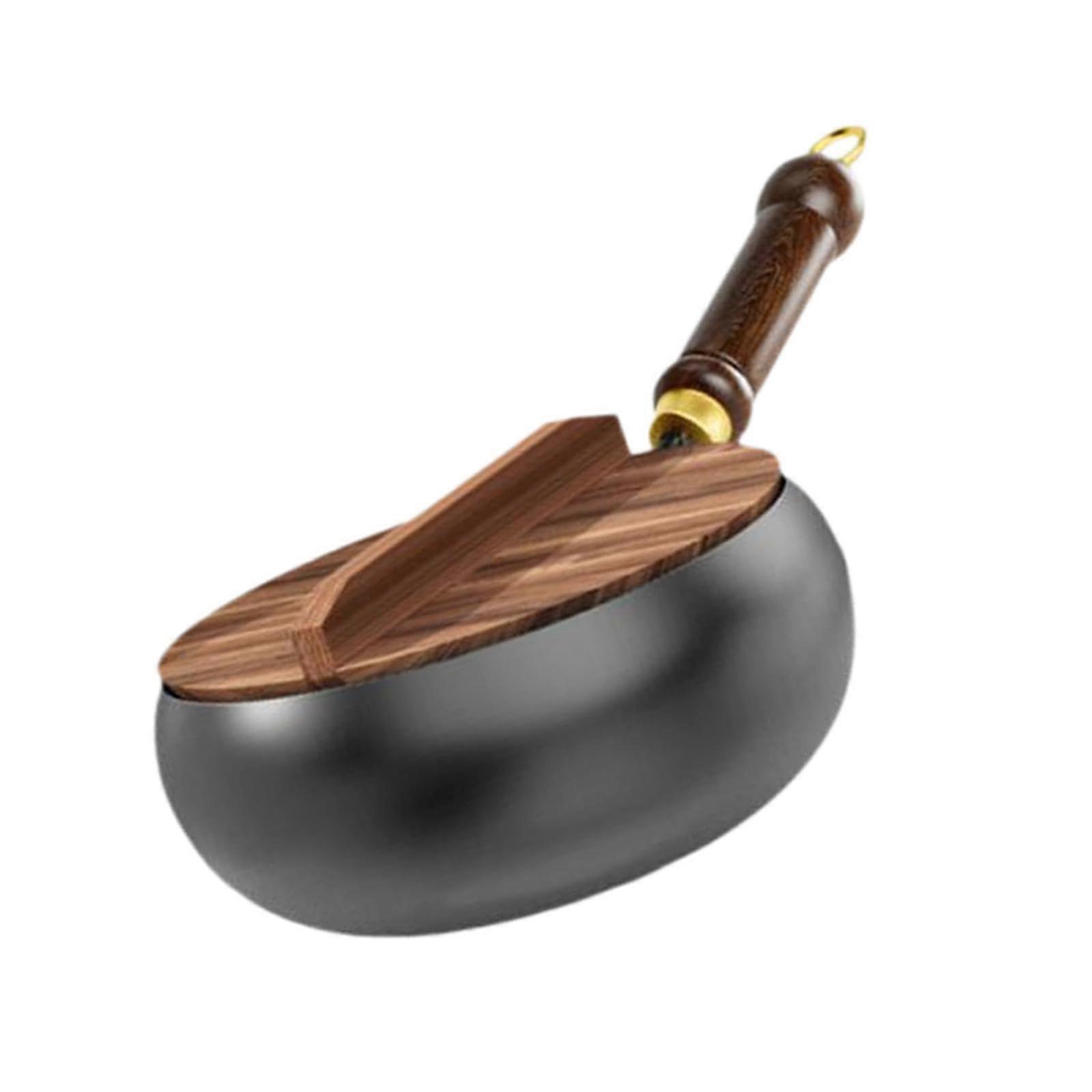 Nonstick Wok Cooking Wok Wood Handle Gas Cookware Induction Cooker Stir Chinese Fry Pan for Restaurant Camping Hotel, Wood lid
