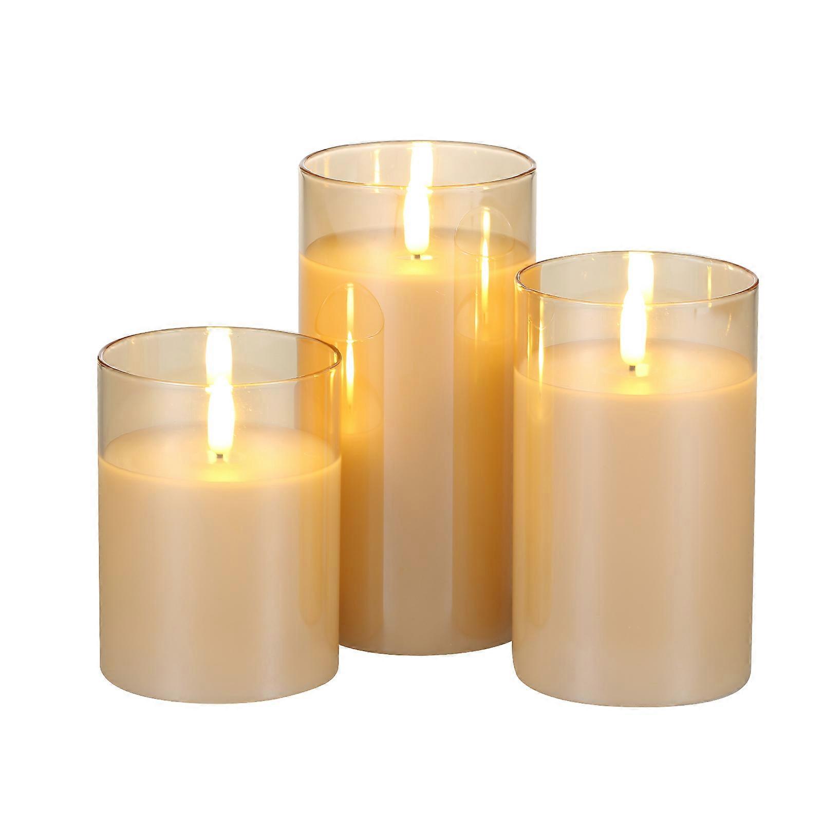LED Flameless Candle Set Remote Control Battery Operated Adjustable Flicker Steady Glow Brightness Timer Settings 3-Pack 75mm Diameter 100 125 150mm H