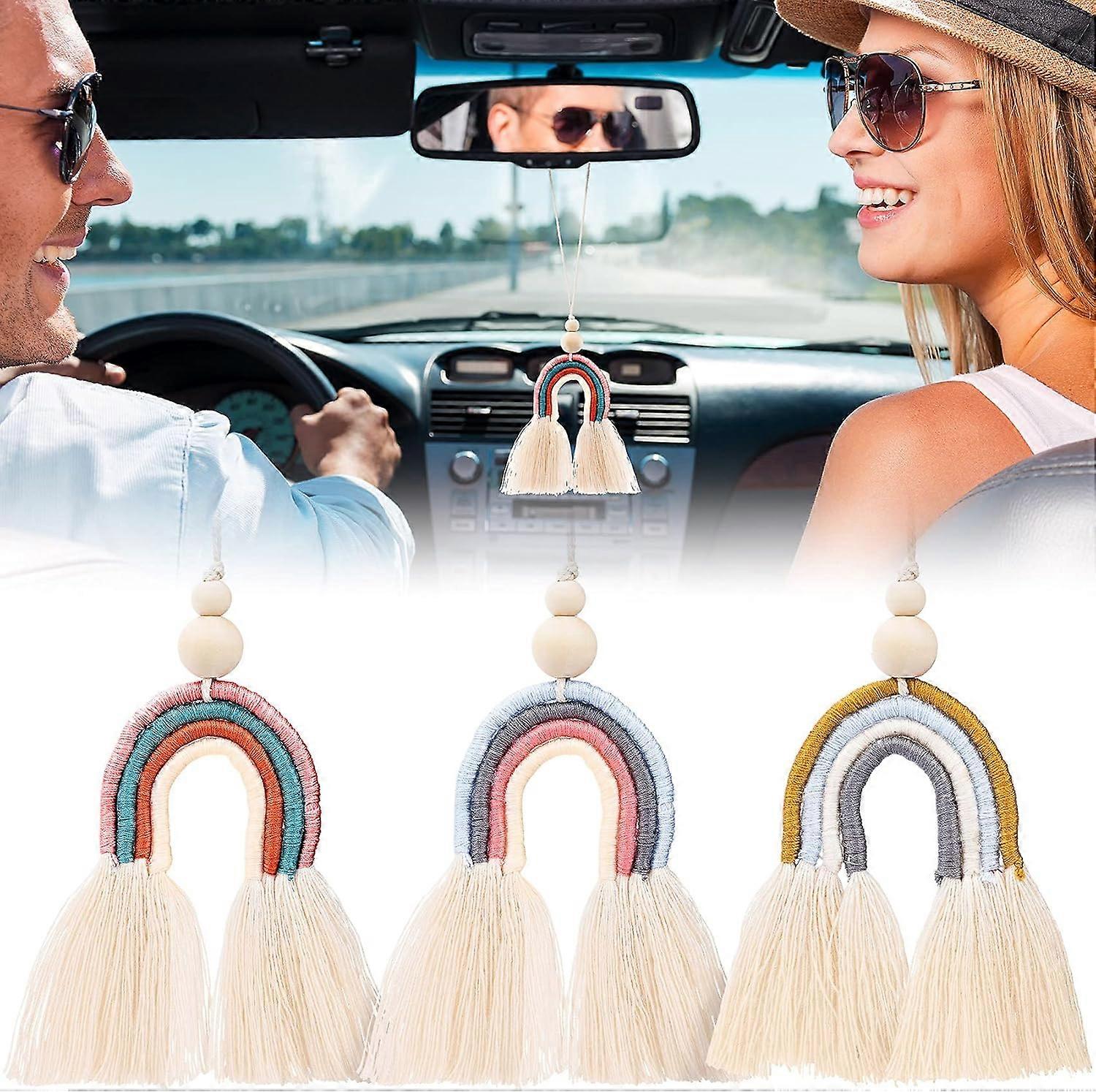 3Pcs Boho Rainbow Car Diffuser Aromatherapy Mirror Hanging Decorations Wooden Beads Essential Oil Diffuser