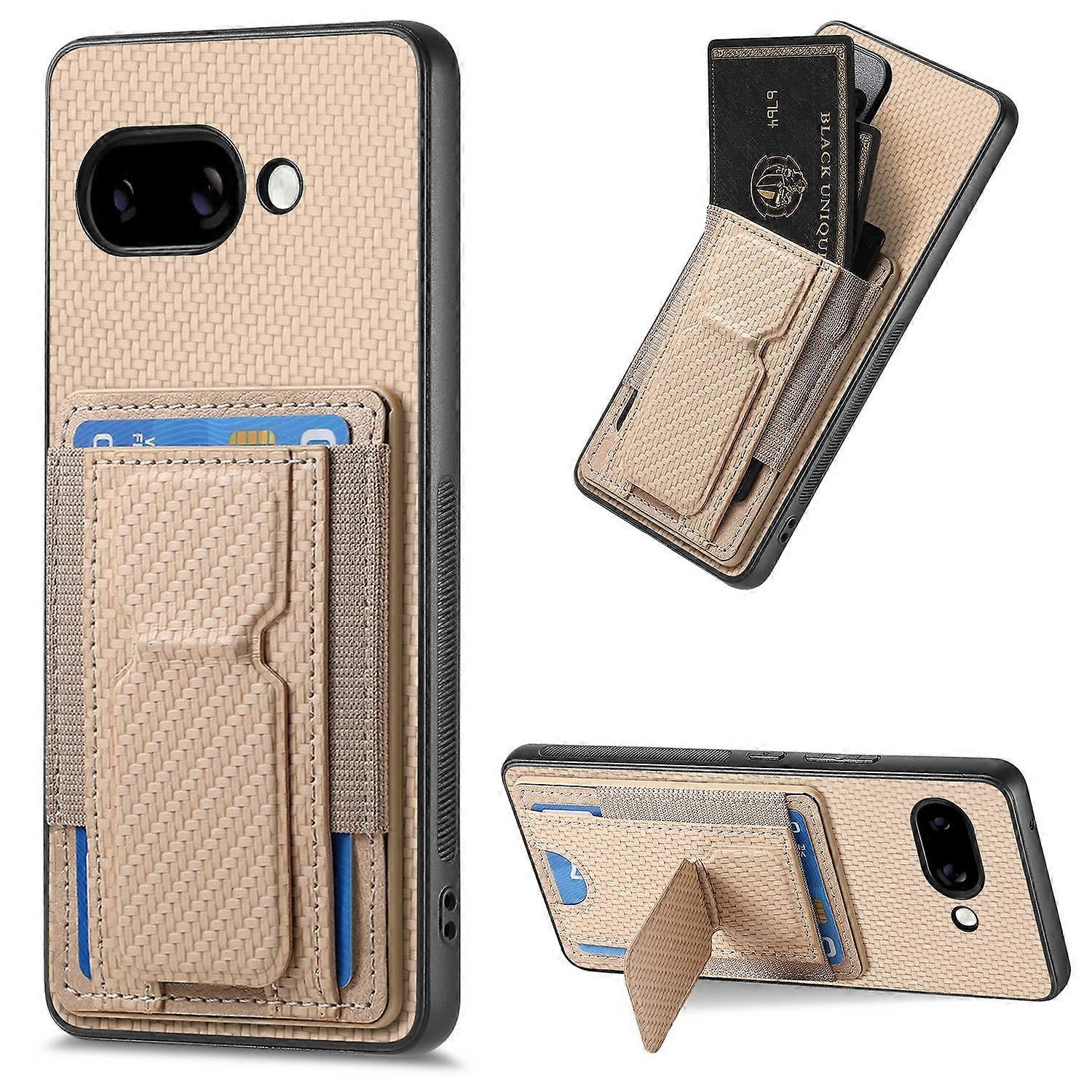 For Google Pixel 9a Case with Card Holder Kickstand Fiber Pattern Leather Back Cover