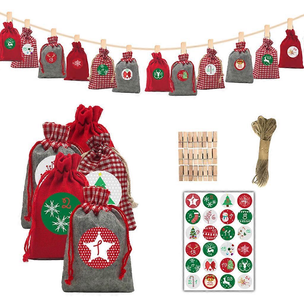 2021 Red Christmas Advent Calendar 24 Days Hanging Drawstring Candy Bags with Stickers Handmade DIY Sacks Reusable Xmas