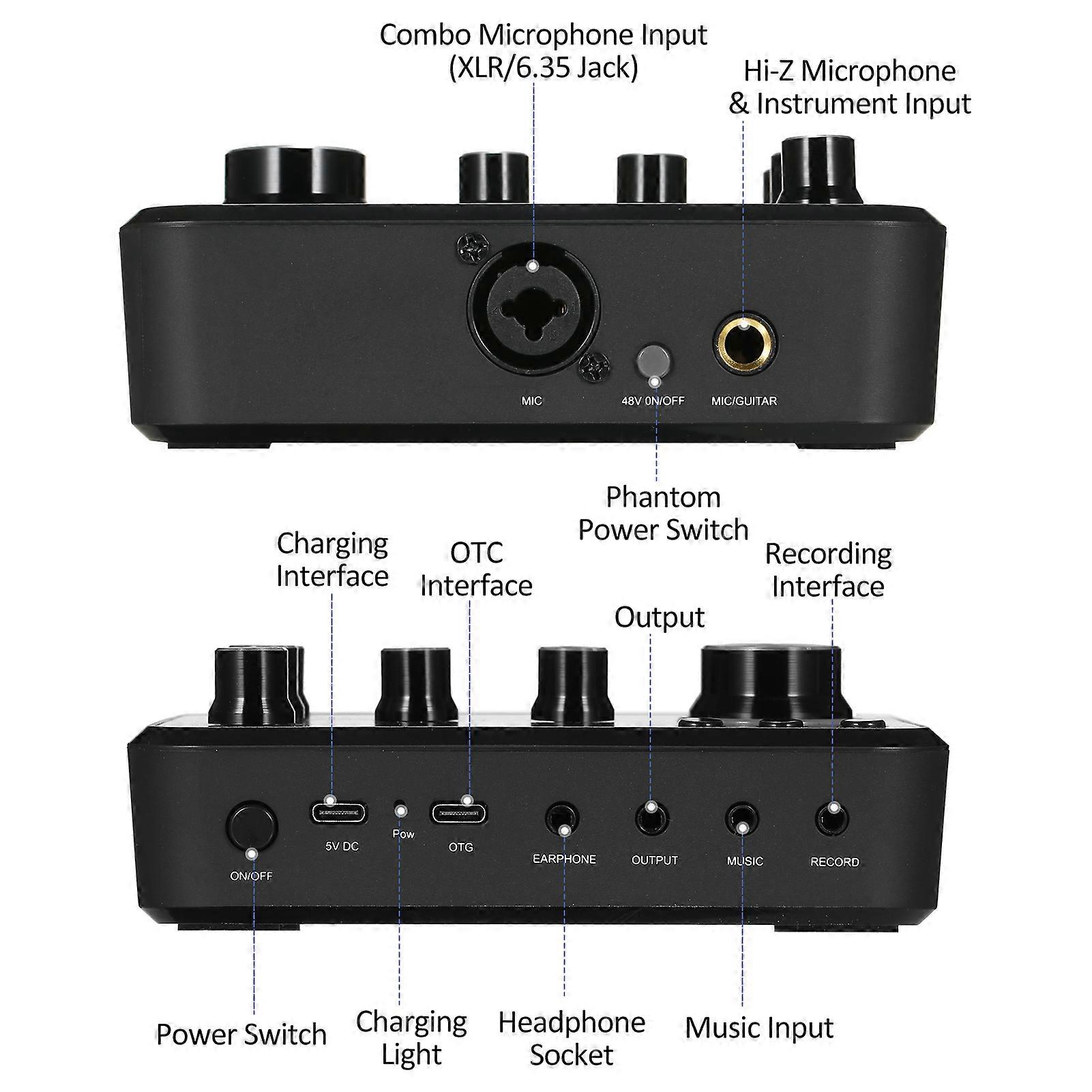 Professional Sound Card for Instrument Playing and Singing Rechargeable Podcast Production Studio One Knob Control Preamp Live Sound Card with 5 Soun
