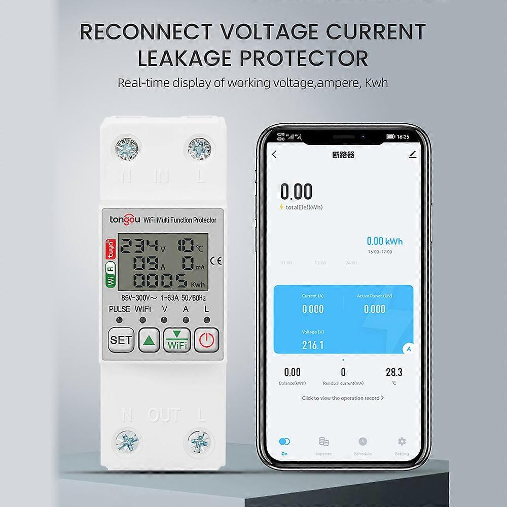 tongou Tuya WiFi Intelligent Energy Meter with Metering Voltage Power Electricity Monitoring Leakage Protector 63A AC85-300V with LCD Display Support
