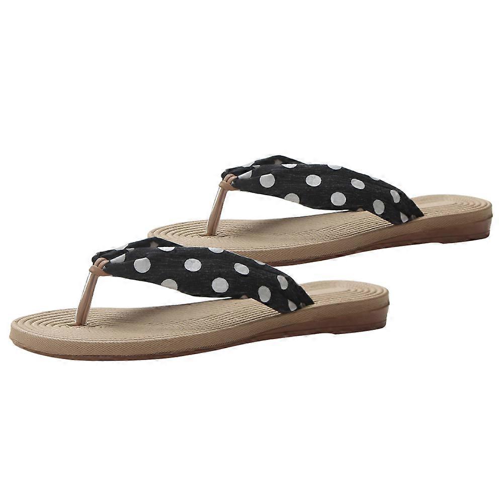 Bohemia Style Women Slippers Flat Bottom Flip-Flops Rubber Material Black Suitable For Beach Travel 1Pair