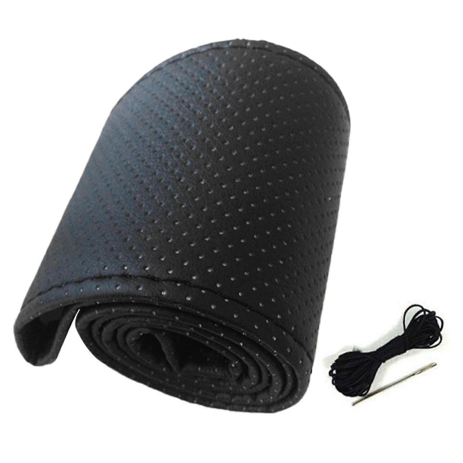 Handgenähte perforierte Lenkradabdeckung aus Mikrofaserleder für 38cm Durchmesser schwarz