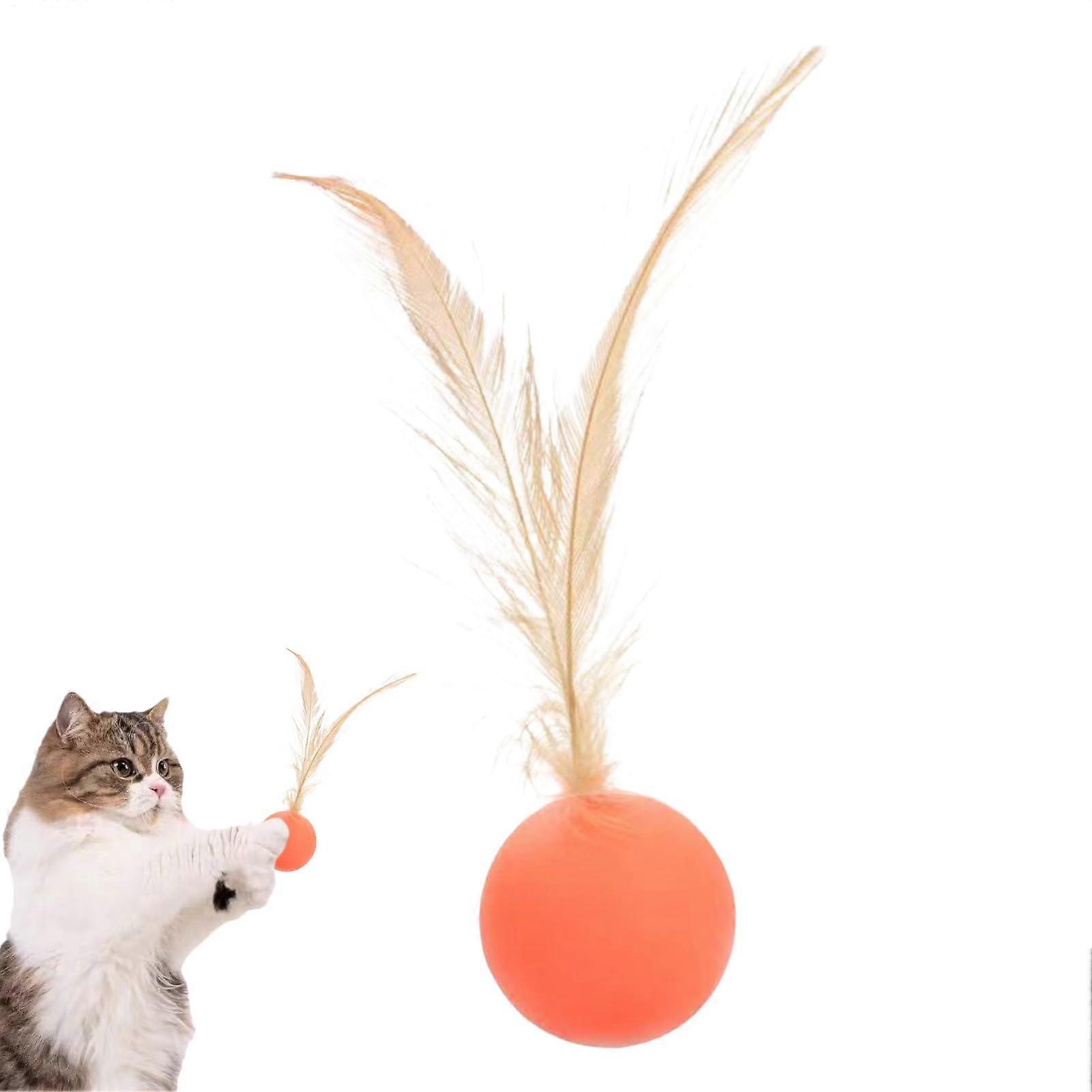 Interactive Cat Toy Ball, Balls for Cats Indoor Exercise Kitten Toy, Sensory Stimulation Ball with Feather for Boredom Relief Outdoors. Orange