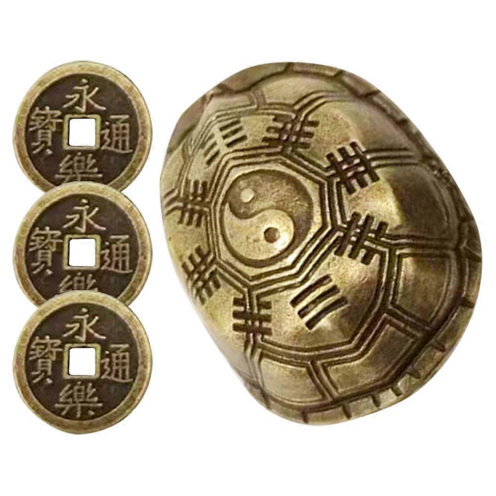 Vintage Turtle Shell Decor with Divination Coins   Unique Brass Coin Craft for Desktop, Chinese Fortune Game Prop, Artistic Turtle Shell Statue