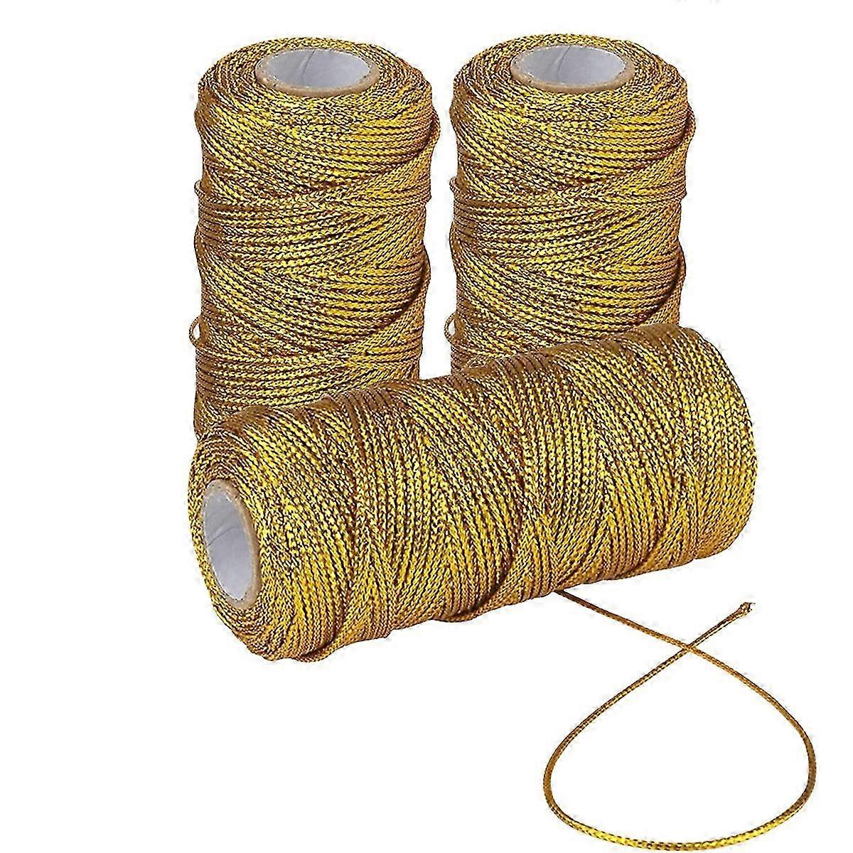 3 Rolls Metallic Elastic Cords Stretch Cord Ribbon Metallic Tinsel Cord Rope for Craft Making Gift Wrapping, 1.5mm*100m/Roll--golden