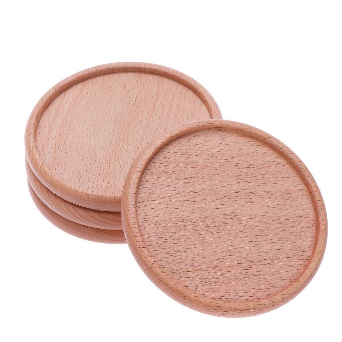 Beech Wood Coaster Set of 4 Round Heavy Duty Insulation Pad for Holding Cups with Groove 10x10cm