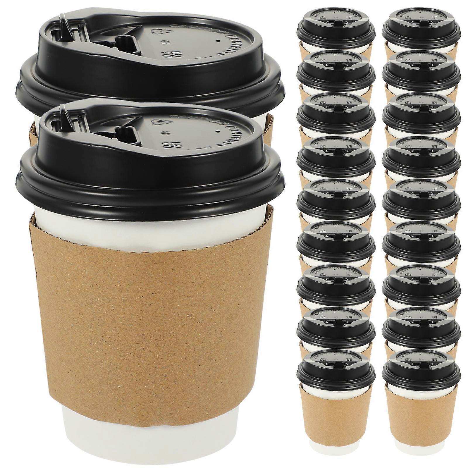 Black Paper Coffee Cups with Sleeve and Lid for Storage Ergonomic Design Comfortable to Hold 50 Sets