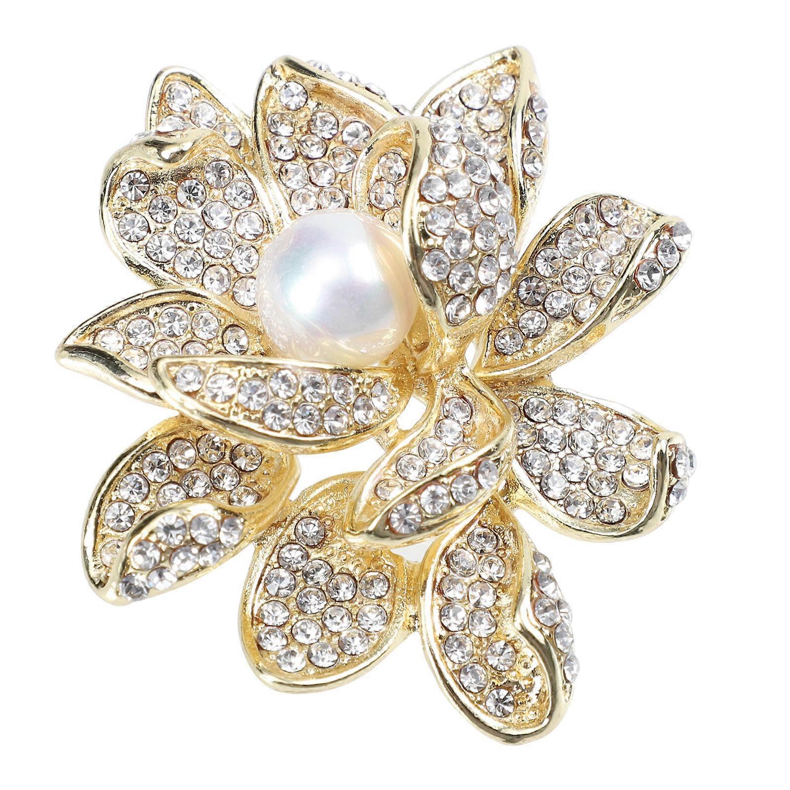 Flower Pearl Pin Alloy Lotus Brooch Women Clothing Decoration Gift 4.50X3.70X1.00CM Golden White 1Pack