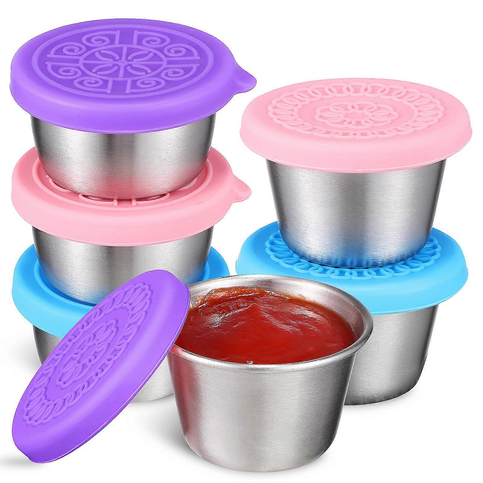 6pcs Reusable Stainless Steel Sauce Cups with Leakproof Silicone Lids Food Grade Condiment Containers for Kitchen, Lunch Box, Picnic, and BBQ