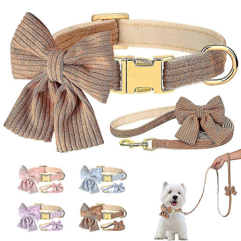 Soft Corduroy Dog Collar w/Bowknot and Leash Adjustable for S/M Pets Pink Purple