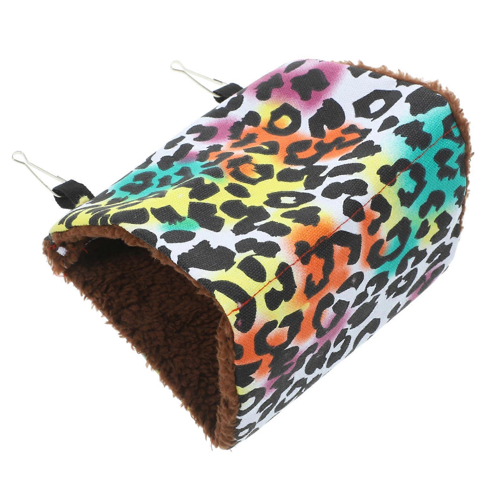 Leopard print bird hammock, comfortable sleeping hut for birds to hang in cages, provides warmth for small pets like budgies and cockatiels.