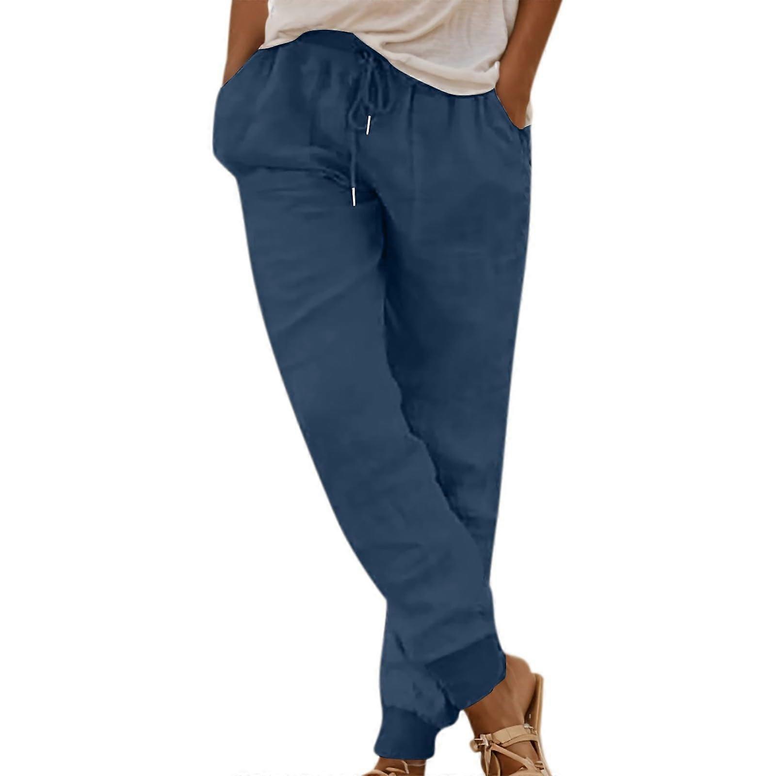 Summer Trousers Women's Lightweight Blue Linen Capri Trousers High Waist Harem Style with Drawstring and Pockets XL