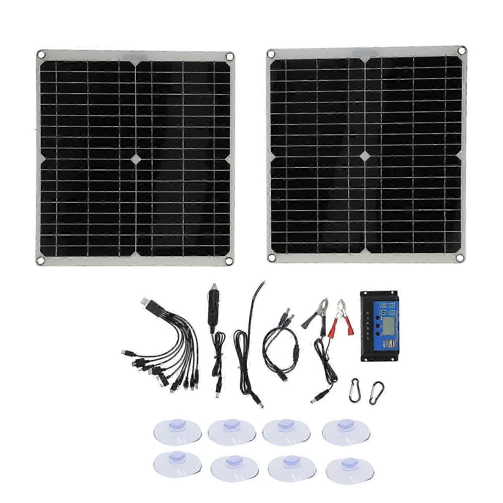 2Pcs 20V 25W Flexible Solar Panel Module with 20A Solar Controller Cable Battery