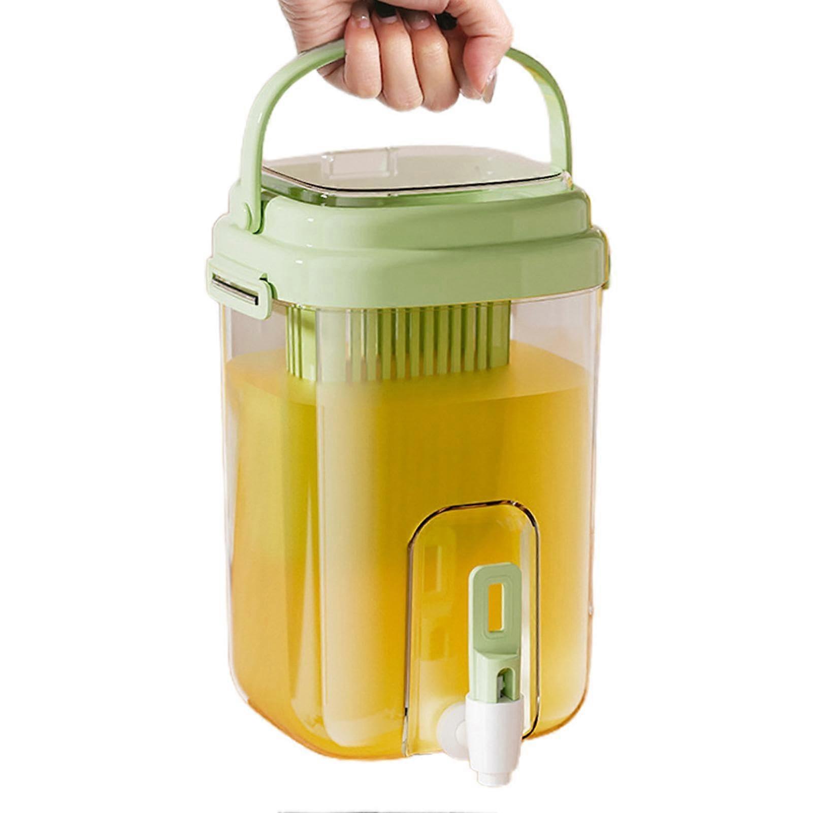 Outdoor beverage dispenser with tap, handle and filter  Cold drink container for travel, adventures  Light green A