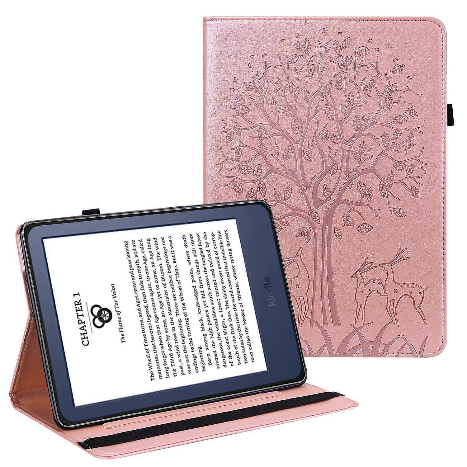 For Amazon Kindle Paperwhite 6 (2022) PU Leather Tablet Case Tree Deer Imprinted Stand Cover with Ca