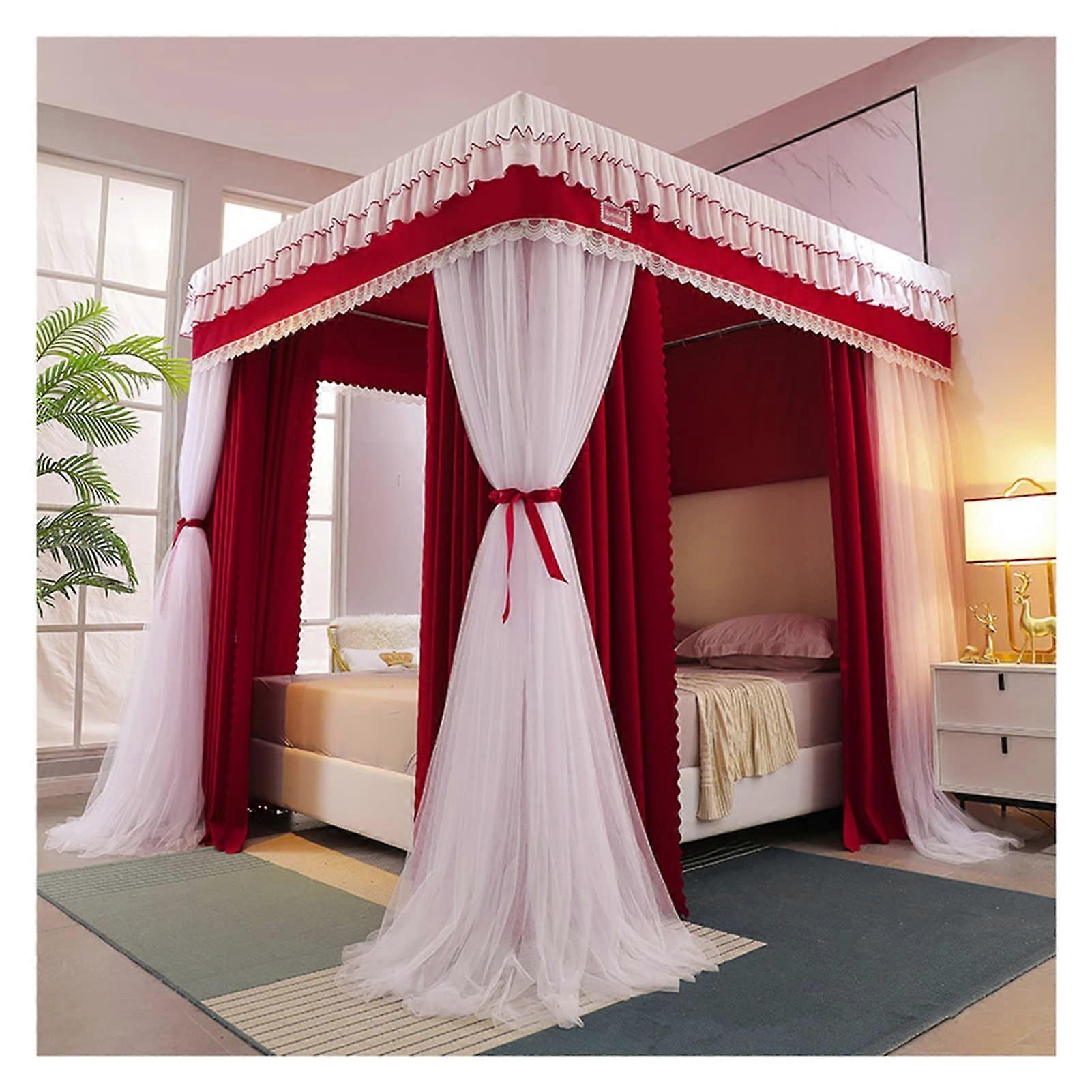 Red Canopy Bed Curtain for 1.5m/1.8m/2m Beds, Luxury Decorative Fabric with Mounting Bracket, Rosso 1.8x2x2m, Bedroom Style