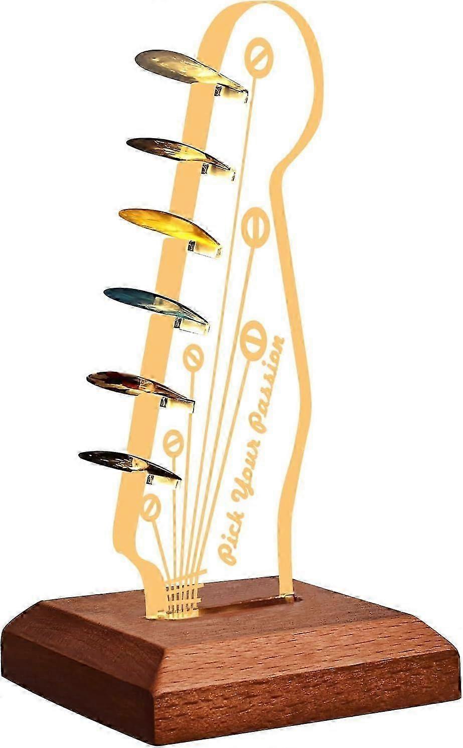 Light Up Guitar Pick Holder, Acrylic Electric Guitar Headstock Shaped Pick Holder with Wooden Base for Picks Storage and Display, Guitar Accessories