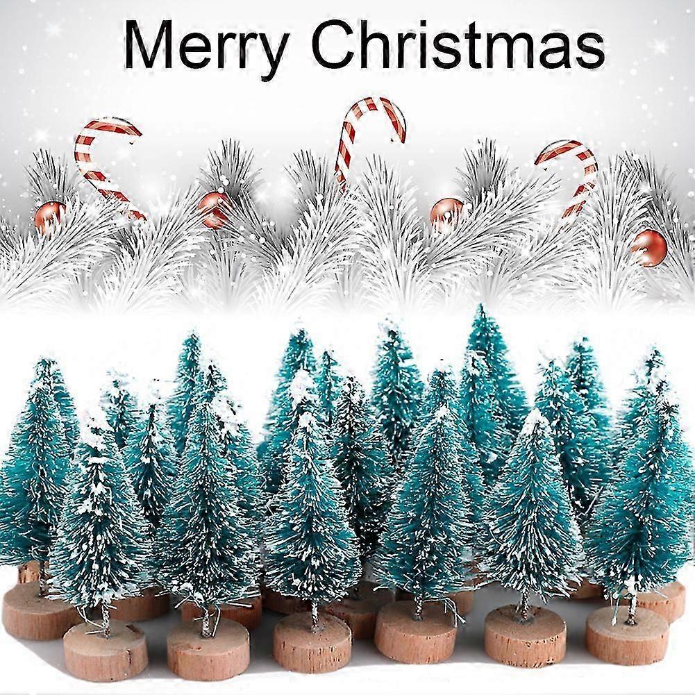 24Pcs Mini Blue Pine Trees Kit Sisal Snow Frost Trees with Wood Base Bottle Brush Trees Plastic Winter Snow Decoration Desktop Trees Crafting Party Fa